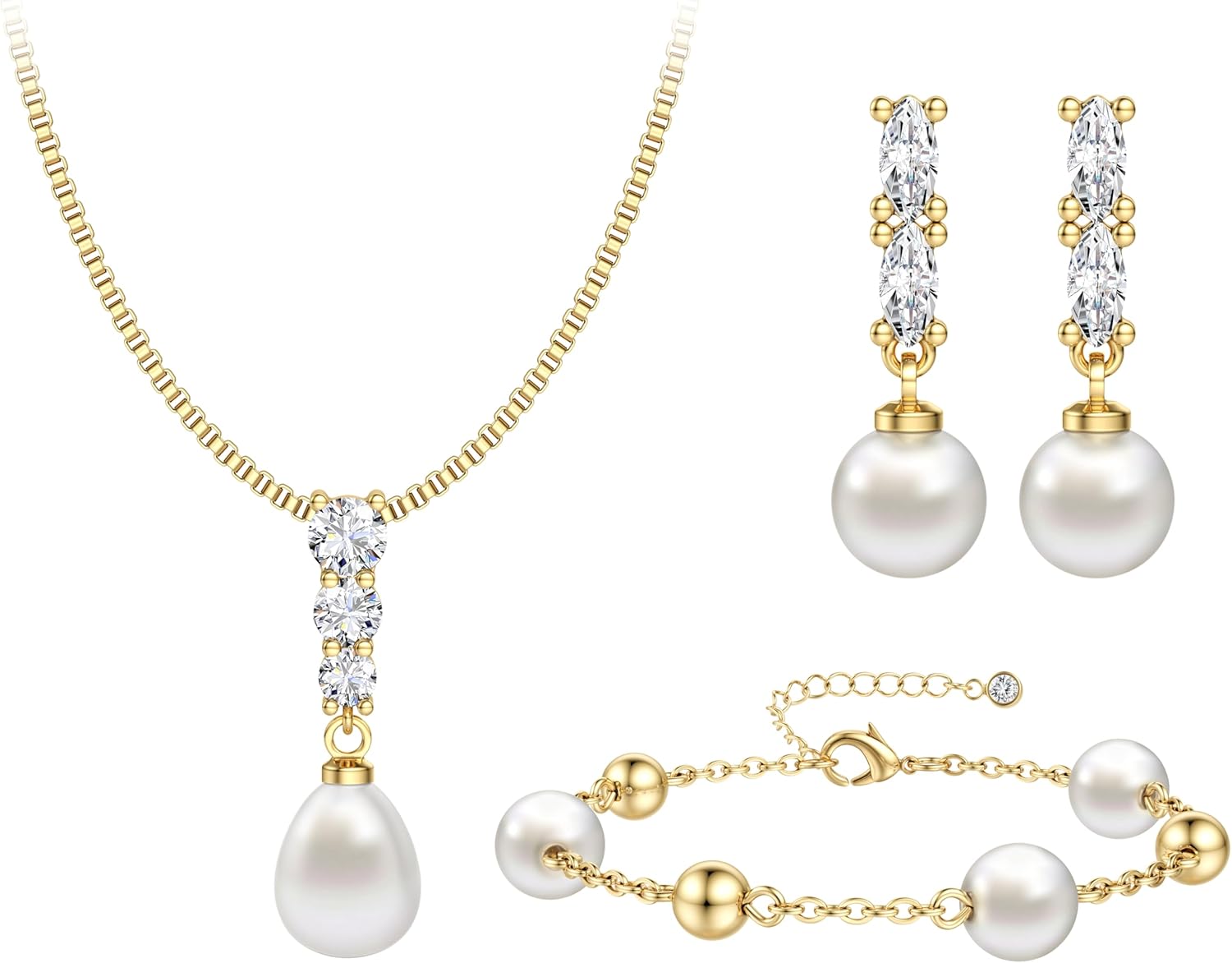 14K Gold Plated Pearl Jewelry Set for Women - 925 Sterling Silver Post Dangle Earri...