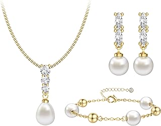 14K Gold Plated Pearl Jewelry Set for Women - 925 Sterling Silver Post Dangle Earrings Dainty Pearl Necklace Bracelet Wedding Jewelry Sets for Bride Bridesmaid CZ Costume Accessories Trendy