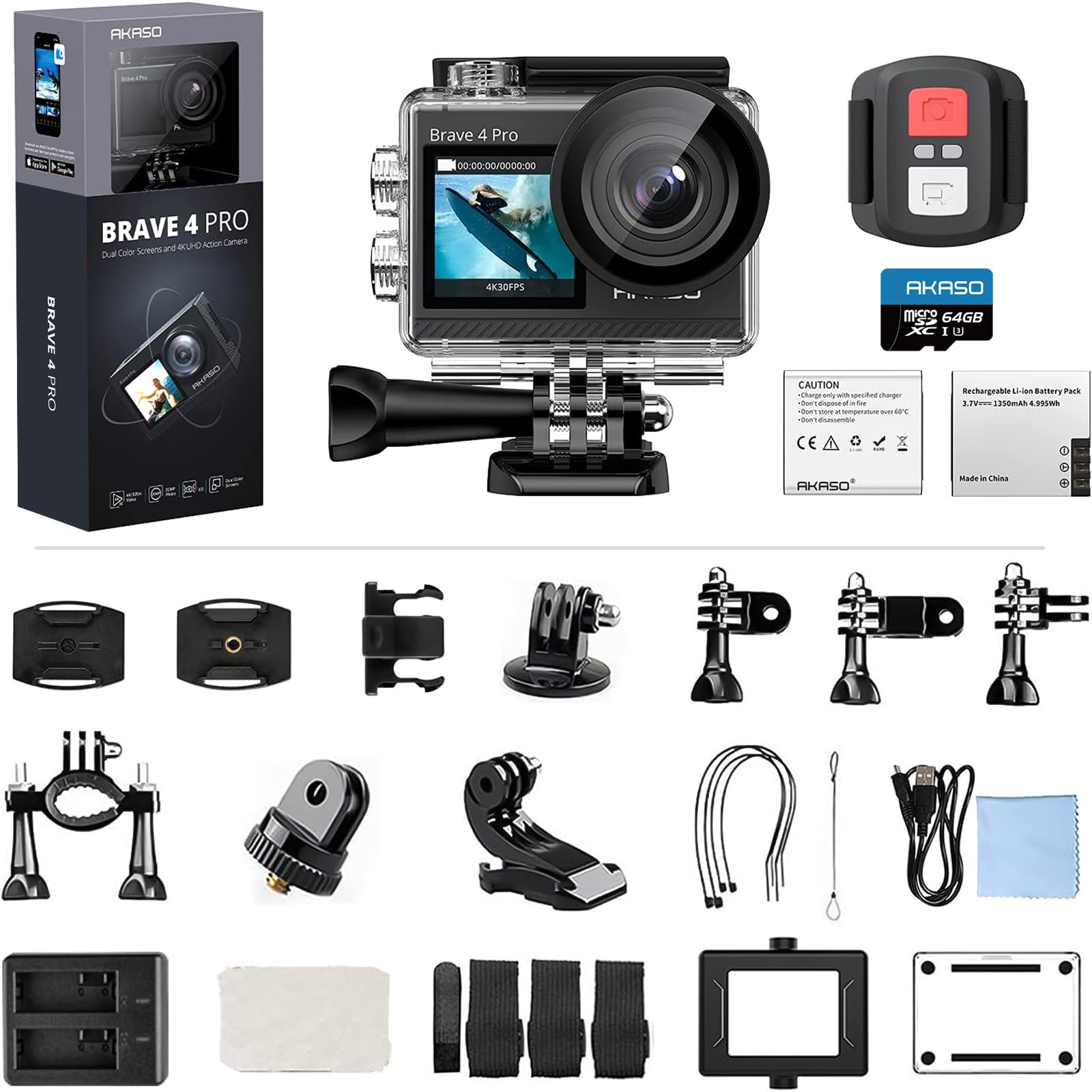 AKASO Brave 4 Pro Action Cam 4K 40M 64GB U3 Scheda di Memoria, Videocamera 20MP WiFi 170° Grandangolare Doppio Schermo EIS