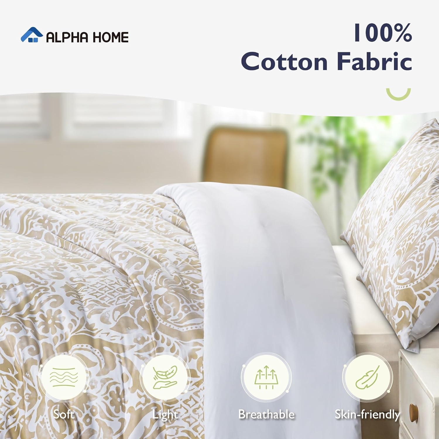 ALPHA HOME Comforter Set King Size, All Season Bedding Comforter Set, Comfortable Classic Damask Pattern Comforter Set with 100% Cotton Fabric (1 Comforter, 2 Pillowcases)