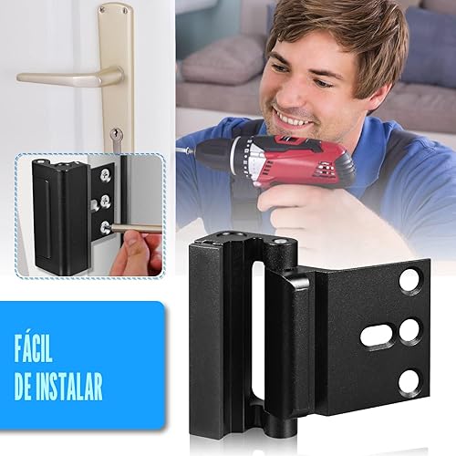 Miniatura 8 de Paquete de 3 cerraduras de refuerzo de puerta de seguridad para el hogar, a prueba de niños, cierre de seguridad para puerta interior, añade alta