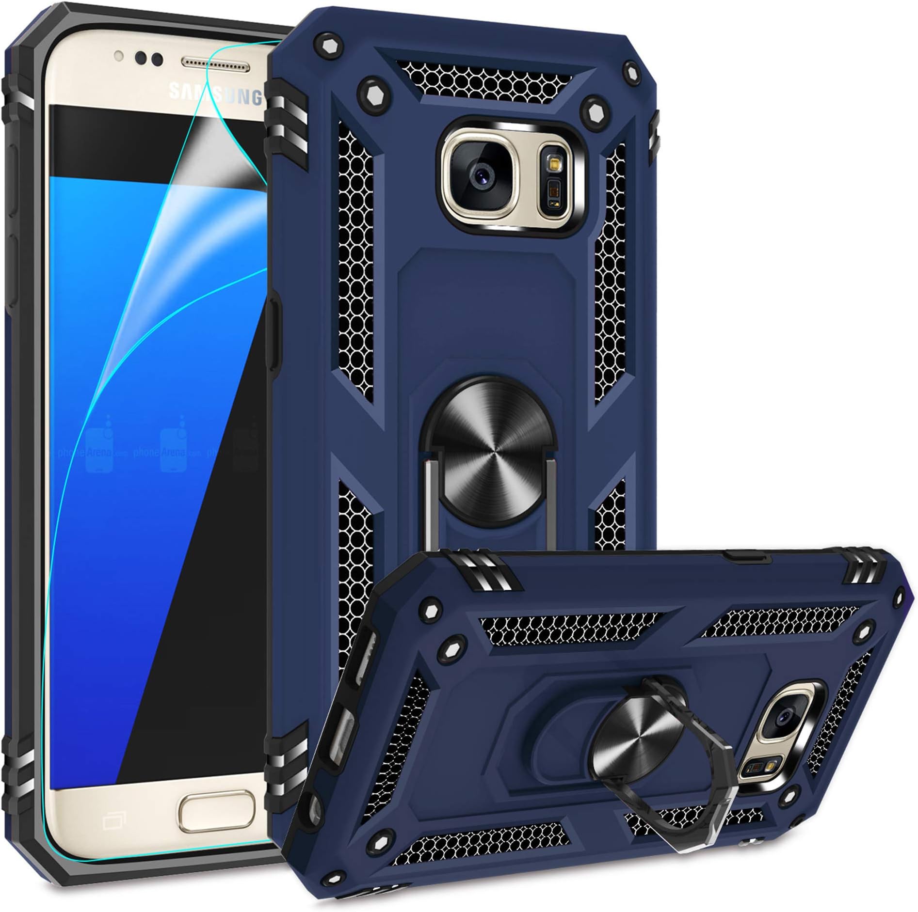 Gritup Compatible for Samsung Galaxy S7 Case with HD Screen Protector, Military-Grade Shockproof Protective Phone Case with Magnetic Kickstand Ring for Samsung S7 Blue