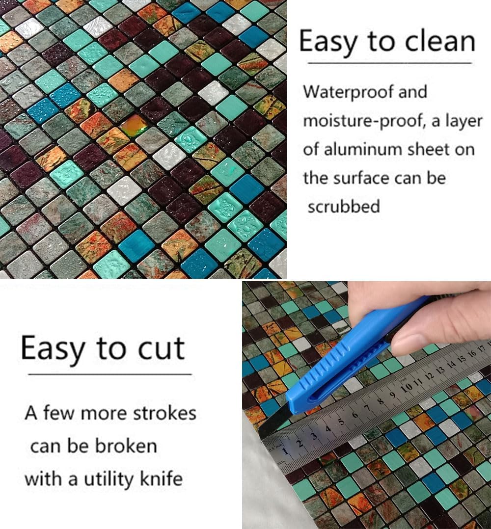XUANINY Peel and Stick Backsplash Tiles for Kitchen, Bathroom,Fireplace,Self Adhesive Metal Aluminum Mosaic (11.81"x11.81") (5, Mixed Green&Blue&Maple Leaf)