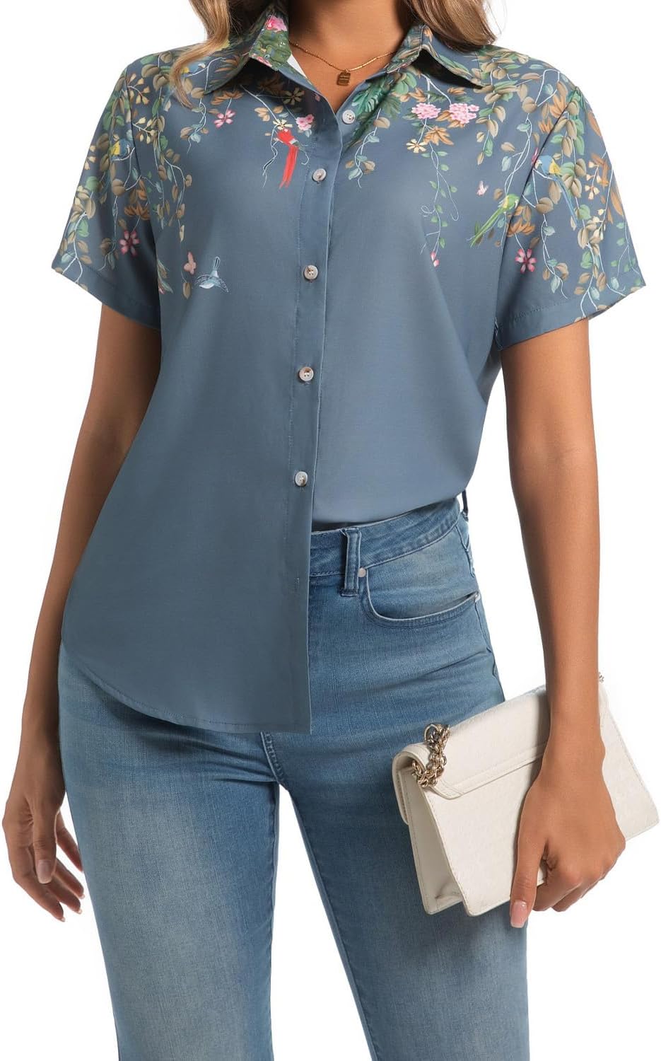 Womens Button Down Shirts Short Sleeve Summer Linen V Neck Collared Hawaiian Floral Print Cat Casual Blouse Tops - Image 6