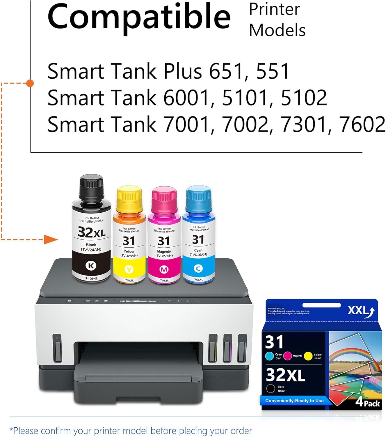32XL Ink & 31 Ink Bottle Set 4-Pack Smart Tank 5101 7602 6001 Ink Replacement for HP 32XL Black Ink 31 Ink Bottle Set for Smart Tank 651 5101 7602 5000 5103 5102 7006 6001 7001 7302 7301 7002 Printer