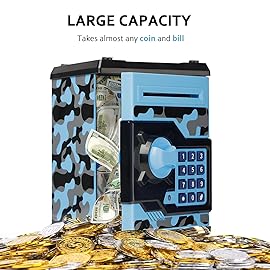 ATM Piggy Bank for Boys Girls, Vcertcpl Mini ATM Coin Bank Money Saving Box with Password, Kids Safe Money Jar for Adults with Auto Grab Bill Slot, Great Gift Toy Bank for Kids (Camouflage BlueGray)