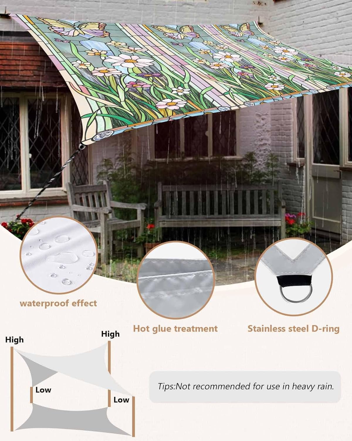 Sun Shade Sail 6.5'x10' Butterfly Rectangle Sun Shade Sails Canopy Waterproof Colorful Leaves Floral Outdoor Sunshades Sand UV Block Cover Shade Cloth for Patio Backyard Garden Deck Porch Lawn