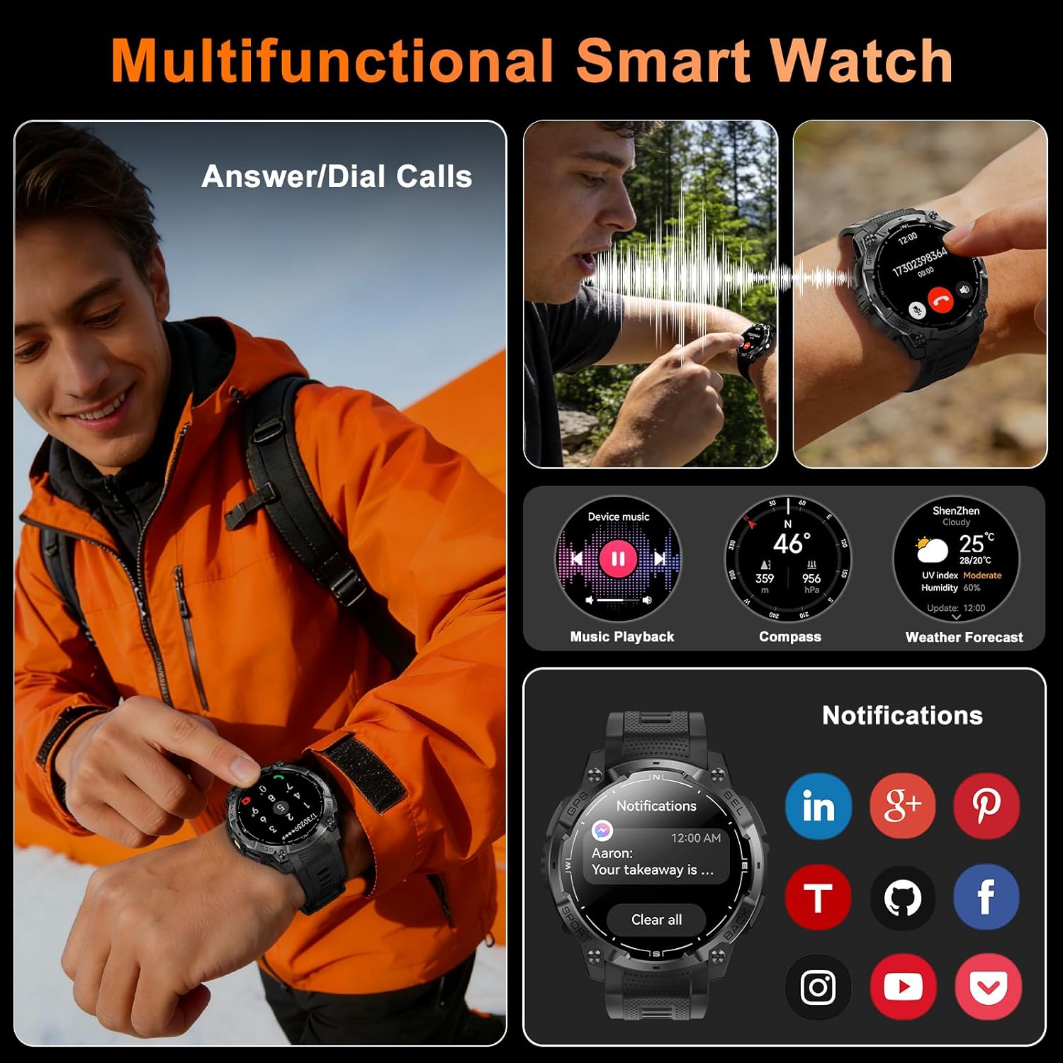 Rugged Military Smart Watch for Men with GPS, 1.43'' AMOLED Fitness Tracker Watch with Bluetooth Call/Flashlight/Compass, 170+ Sports Modes Waterproof Mens Smartwatch for Android iPhone