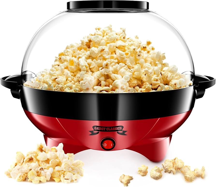 Popcorn Machine – 800W Electric Hot Oil Popcorn Maker with Non-Stick Plate, Lid & Stirrer – Large 24-Cup Popper for Home, Parties, Movie Night – Butter, Sugar & Spice Compatible (Red)