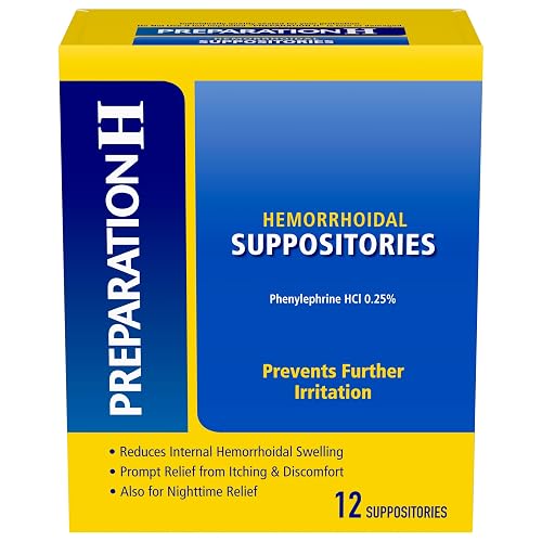 Preparation H Hemorrhoid Suppositories, 12 Count | Phenylephrine HCI 0.25%, Soothes Painful Burning, Reduces Internal Hemorrhoidal Swelling, Relieves Itching and Discomfort