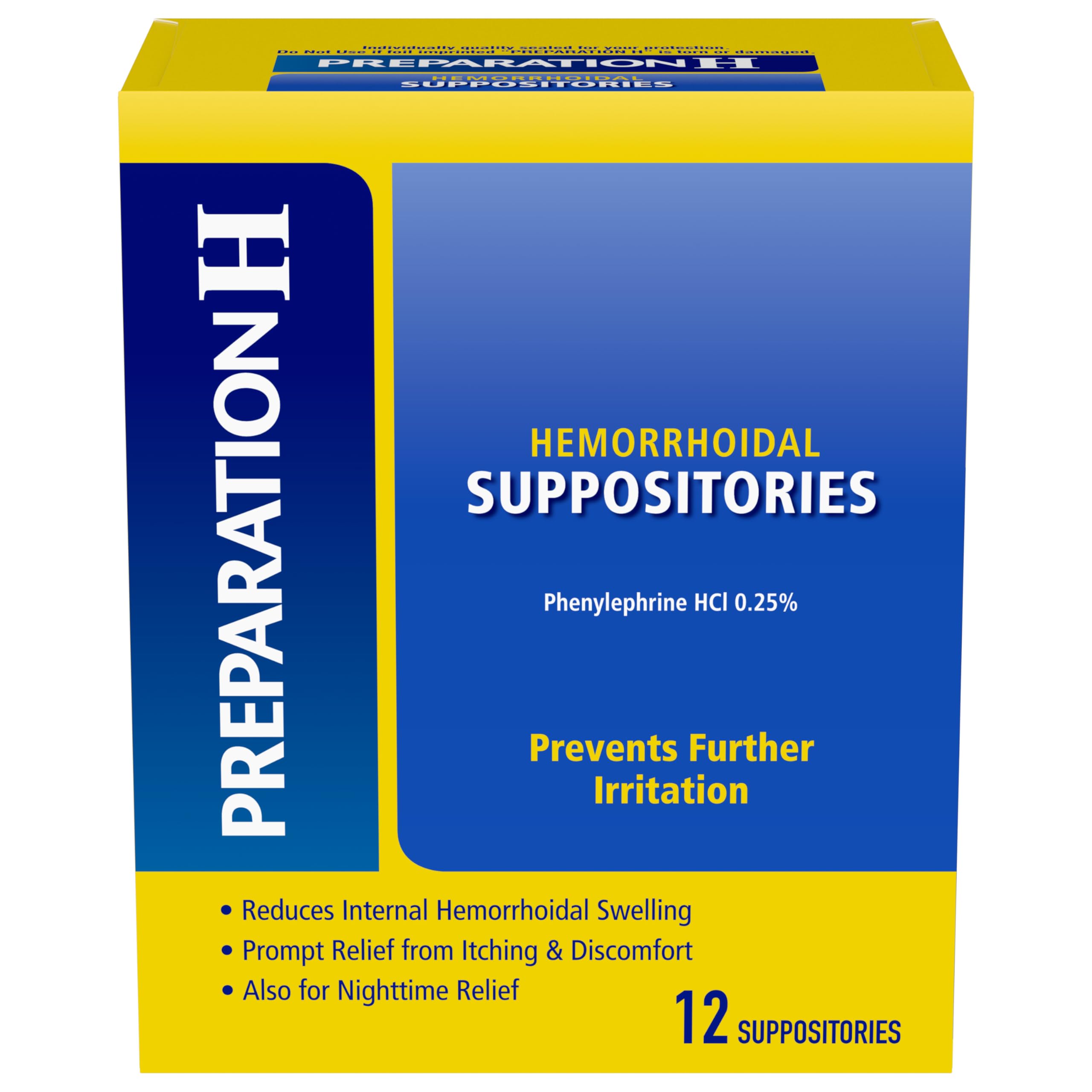 Preparation H Hemorrhoid Suppositories, 12 Count | Phenylephrine HCI 0.25%, Soothes Painful Burning, Reduces Internal Hemorrhoidal Swelling, Relieves Itching and Discomfort