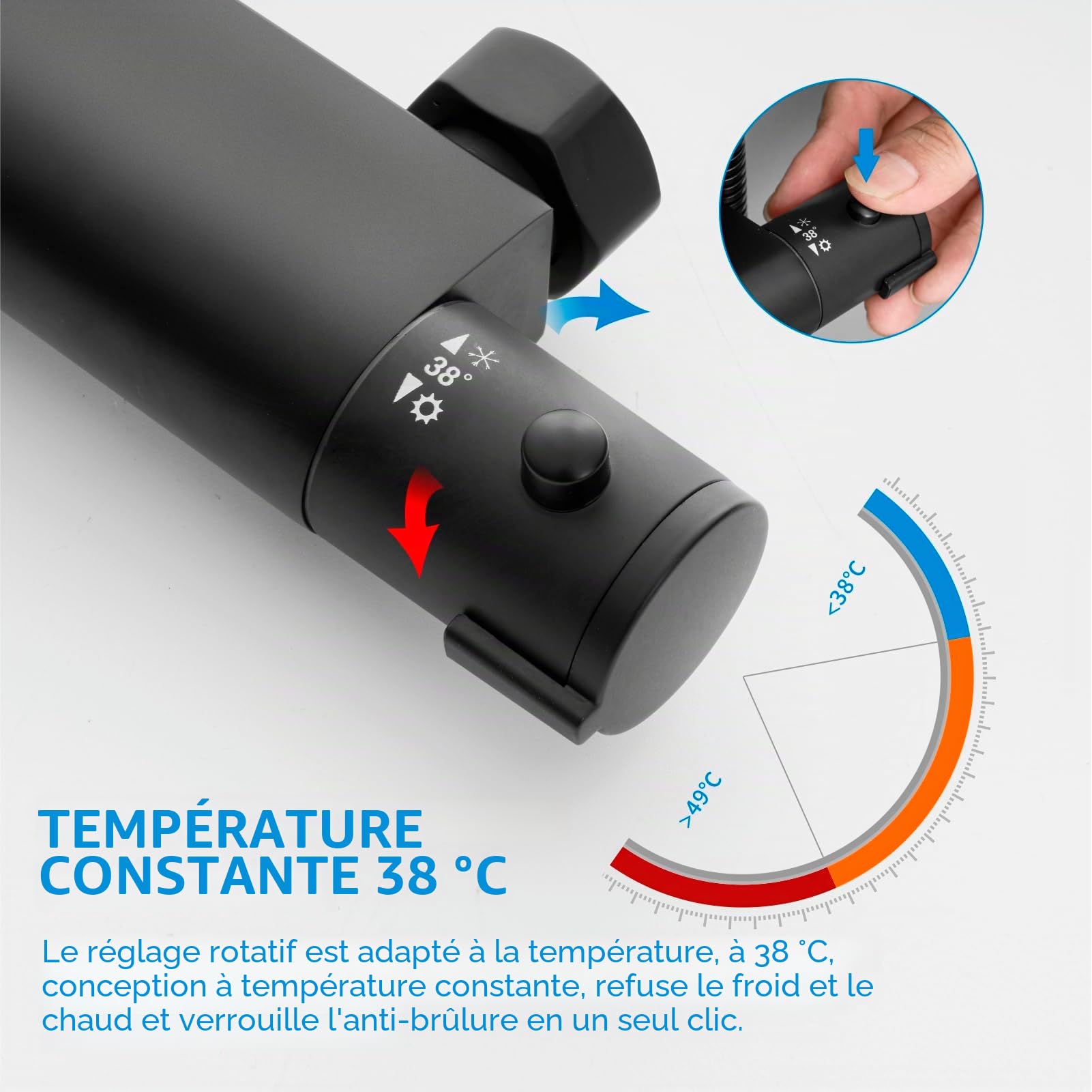 KOMIRO Colonne de Douche Noir, Ensemble de Douche avec Mitigeur Thermostatique, Réglable en Hauteur, Rond, Montage Mural, Ensemble de Salle de Bain