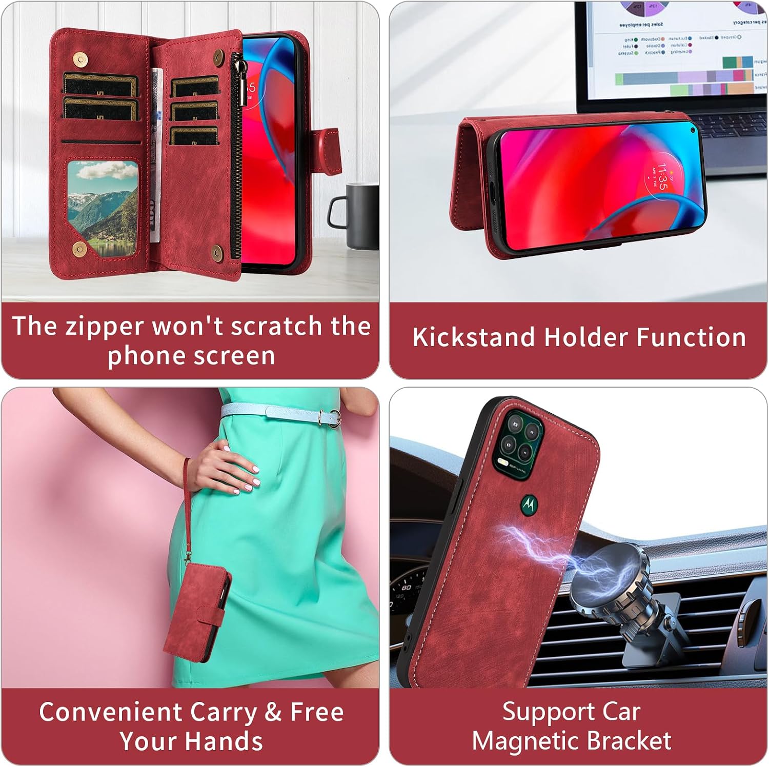 Asuwish Phone Case for Moto G Stylus 5G 2021 Zipper Wallet Detachable Magnetic Cover with Tempered Glass Screen Protector Crossbody Lanyard Card Holder Motorola GStylus G5 XT2131DL Women Men Girls Red