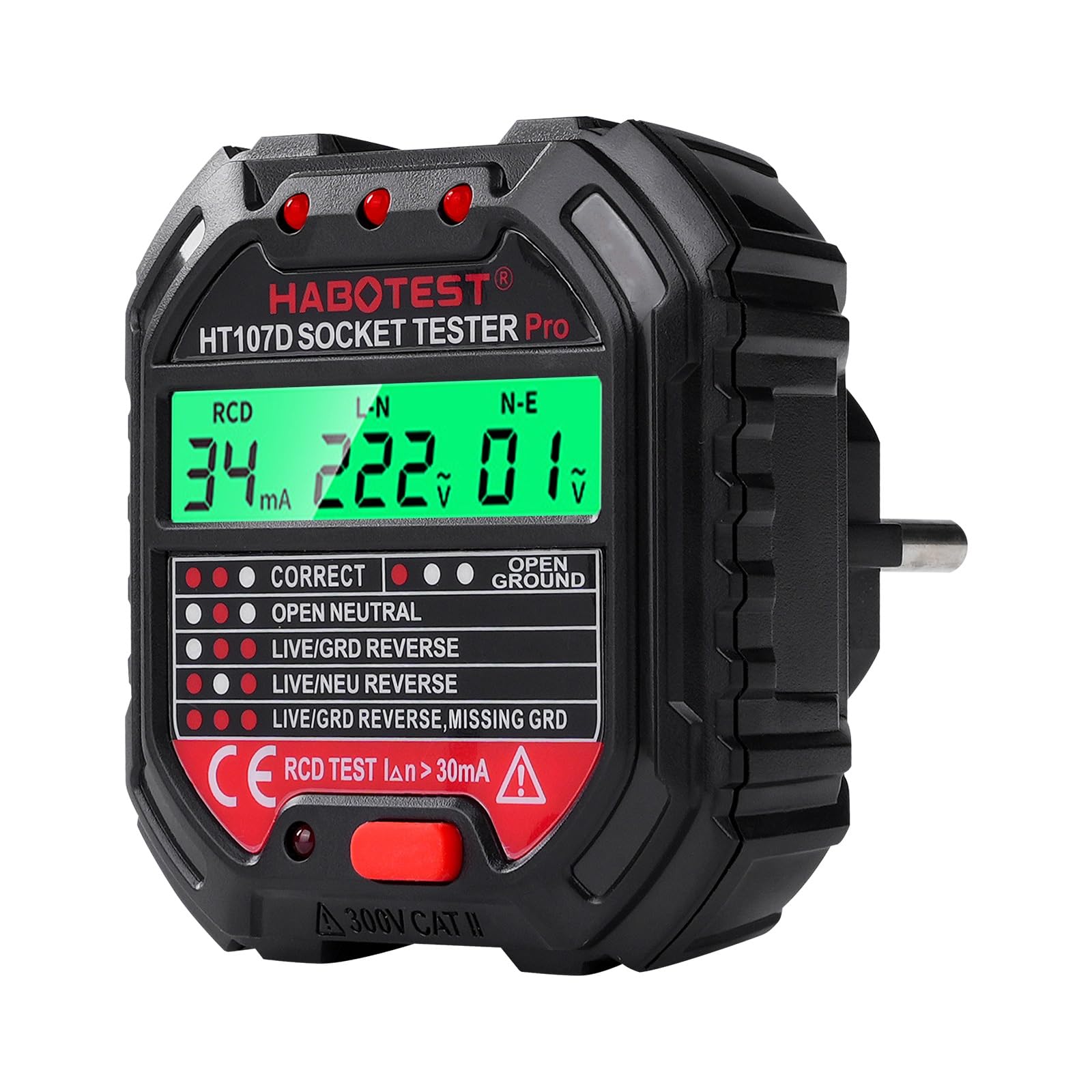 DEWIN Comprobador de Enchufes con Prueba RCD y Pantalla LCD, Probador de Enchufe 90-250V 6 Tipos de Diagnóstico de Averías, Indicación de Tensión y Frecuencia, 90-250V/CAT.II 300V (EU Plug)