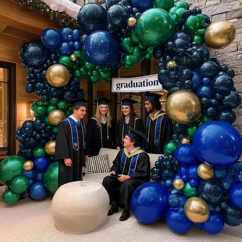 Dark Green Blue Balloon Garland, Double Stuffed Navy Royal Blue Emerald Green Gold Balloon Arch Kit for Birthday Graduation Wedding Anniversary Baby Shower Father‘s Day Party Decoration