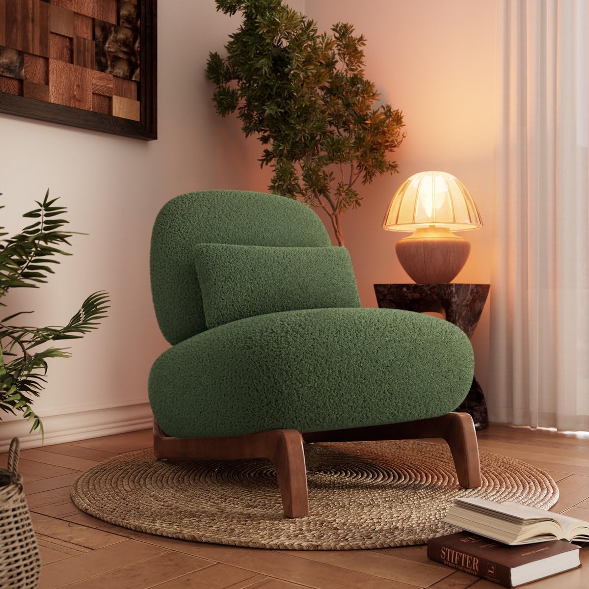 Modern Upholstered Lounge Chair | Premium Fabric Accent Chair with Solid Wooden Legs | Comfortable Single Seater for Living Room, Bedroom & Office (Green)-image-46