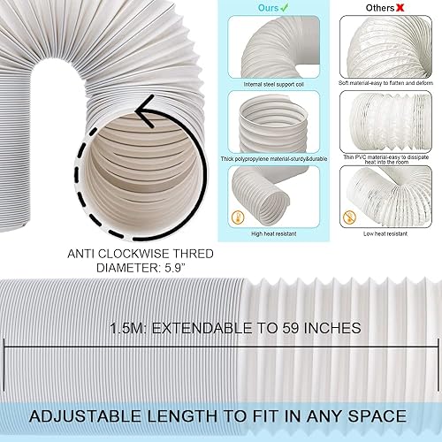 Miniatura 5 de HOXHA Manguera de aire acondicionado portátil con acoplador de 5.9 pulgadas, rosca antihoraria, manguera de conducto de ventilación de escape de CA,