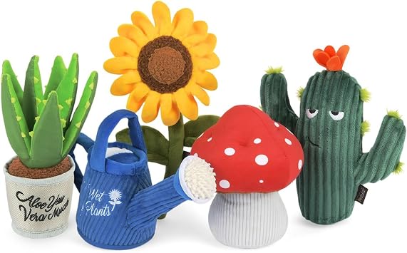 P.L.A.Y. Cute Plush Dog Toys - Blooming Buddies, Plant Themed Durable Squeaker Chew Toy, Great for Puppies & Small, Medium, Large Dogs - Machine Washable, Recycled Materials 5 Piece Gift Set