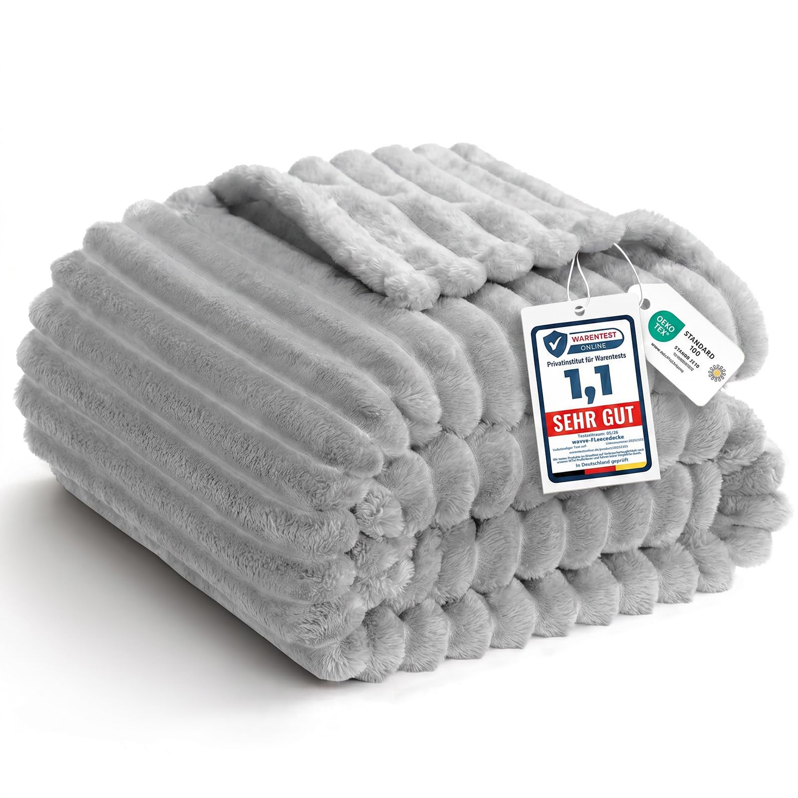 WAVVE Manta Suave y Esponjosa – Mantas Extra Grande con Diseño de Cordón Grueso y Rayas Anchas, Franela para Cama 135/150, Gruesa Cálida y Acogedora para Sofá e Invierno, Gris Claro, 220 x 240 cm