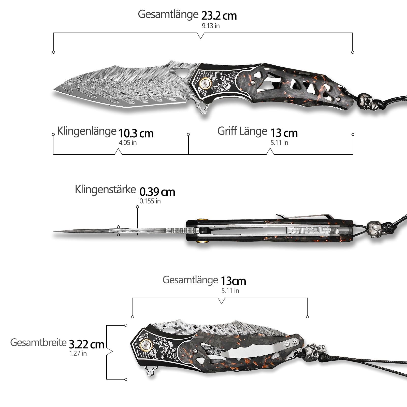Handmade Men's Folding Pocket Knife, 9" Damascus Steel Folding Knife, Includes a leather sheath, Dazzling Cool Skull pattern, Carbon fiber handle with copper foil integration, Ideal for expedition cam