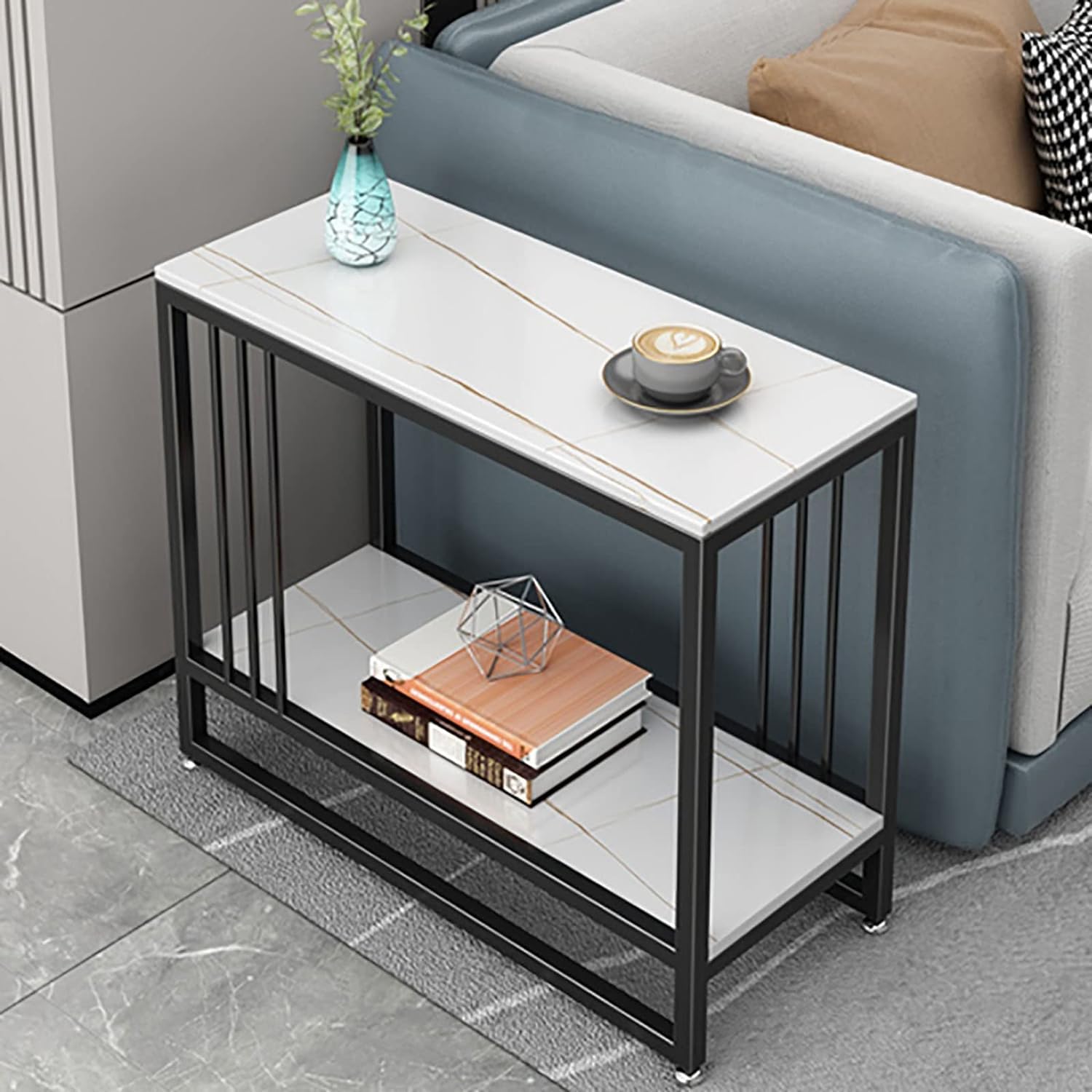 Arrow Crafts Sofa Side Table Iron Bedroom Bedside Table, Multifunctional Dining Side Table Black White MDF-image-39