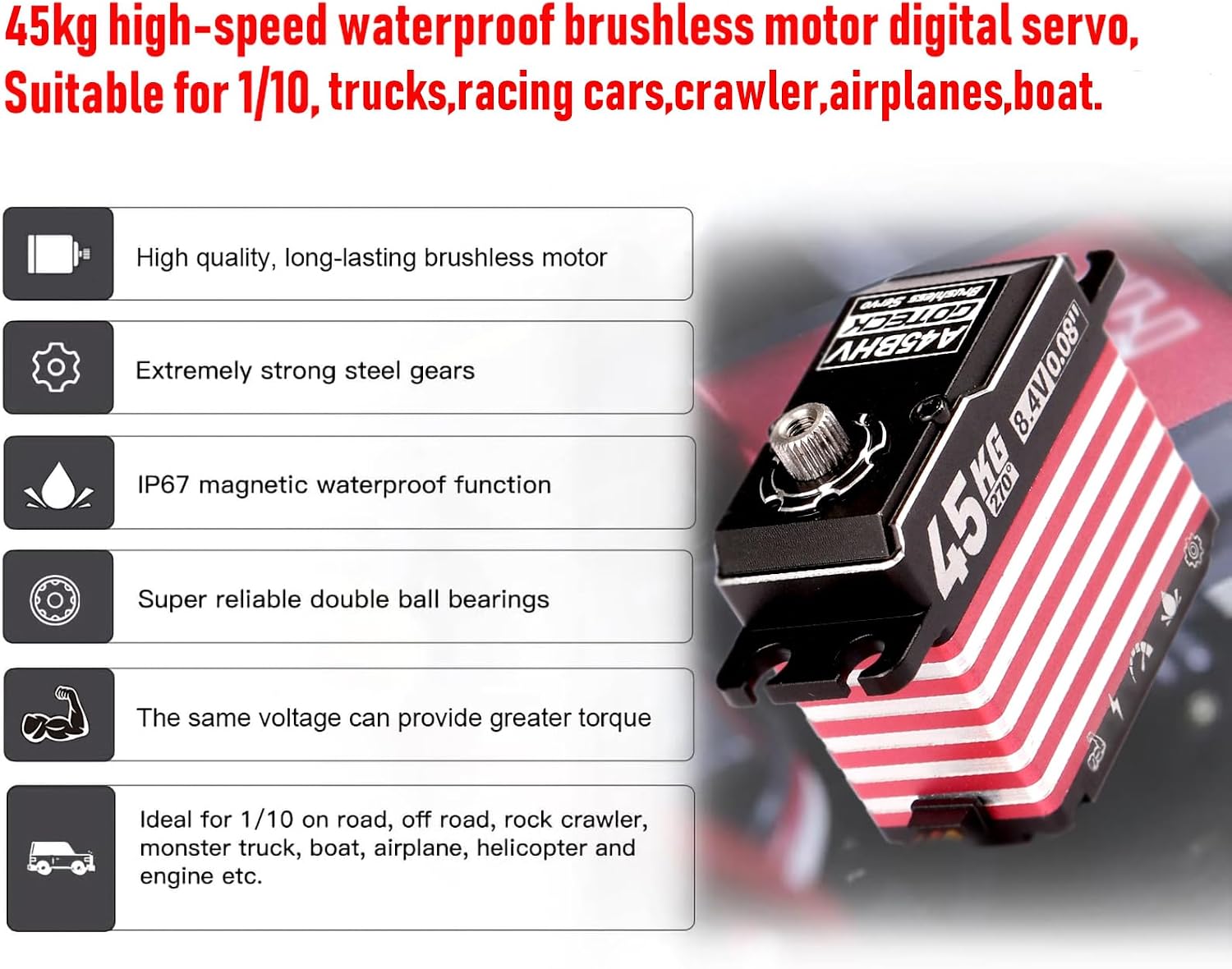 GOTECK 45KG Brushless Digital Servo,8.4V Full Metal Gear Servo,IP67 Waterproof Steering Servo with 25T Servo Horn for 1/10 Scale RC Cars,RC Crawler,Trucks,Boat,Robot Parts (A45BHV-270°)