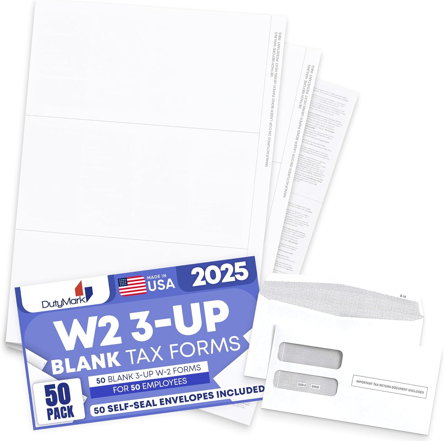 W2 Forms Blank 3 Up Tax Forms 2025 withEnvelopes, Perforated Paper With Back Instructions For 50 Employees, and 50 Self-Seal Envelopes,Works with Printers, Great for QuickBooks and Accounting Software