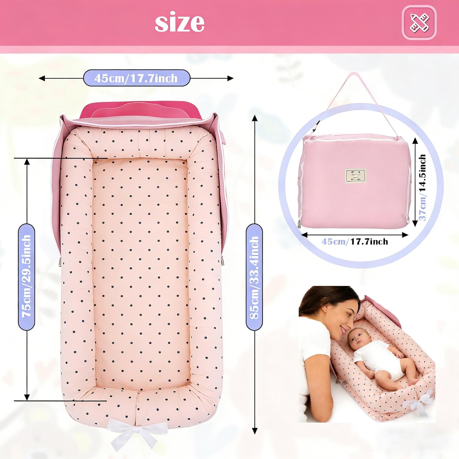 Baby Lounger for Newborn Portable Bag,Baby Nest Play Gym mat with Strap,Newborn Lounger Adjustable Size & Inner Zipper Lengthen Space to 24 Months(Pink Polka Dots)