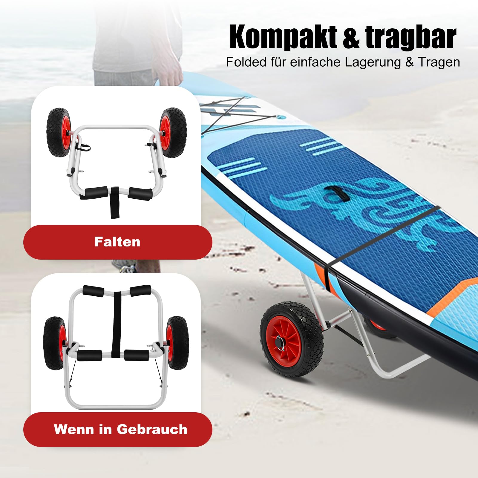 Trolley Sup Transportwagen Kajakwagen bis 80 KG Aluminium Sup Wagen Klappbar Transportwagen Paddle Board Transport Wagen mit Fußpolster, Verbindungsverschluss