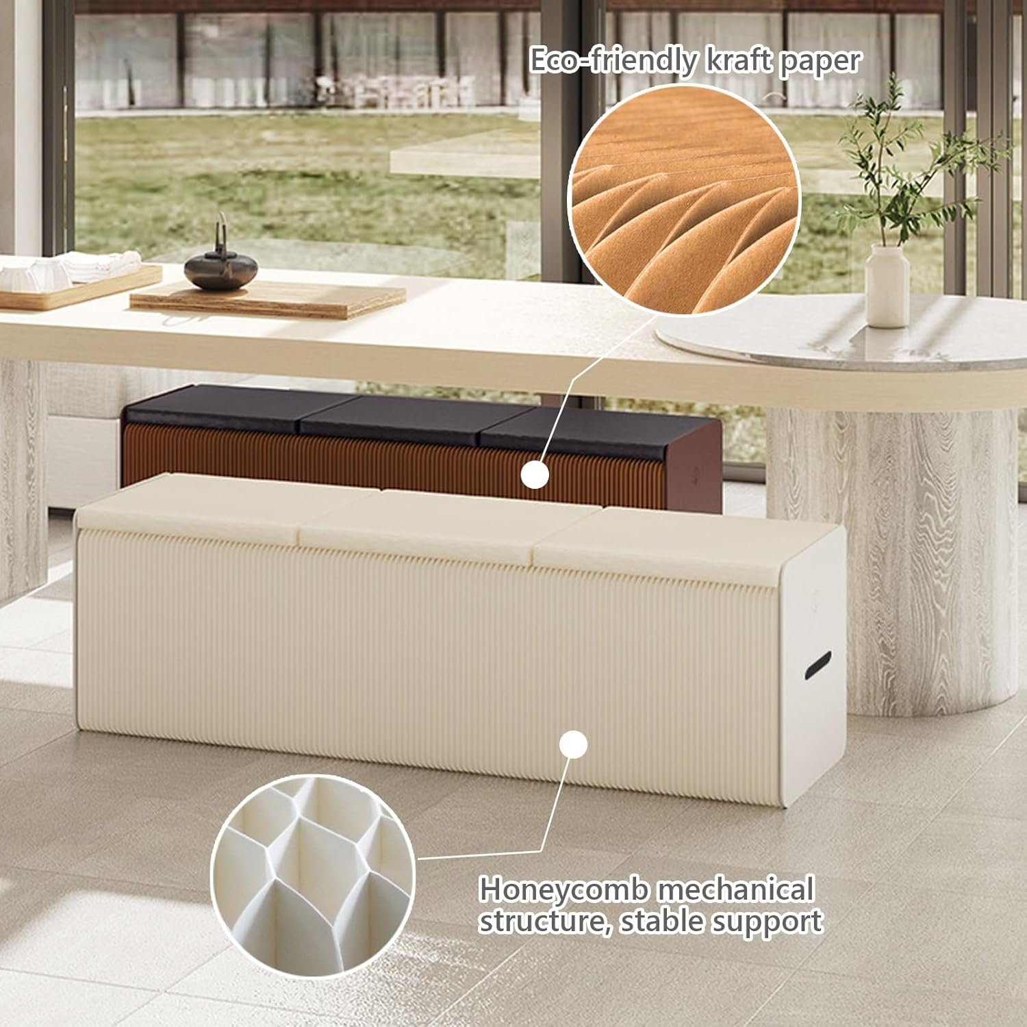 Folding Paper Stool with Sponge Seat Cushion, Accordion Folding Craft Bench, Honeycomb Structure Shoe Change Stool for Living Room, Entrance Hall(White,Height 41cm)