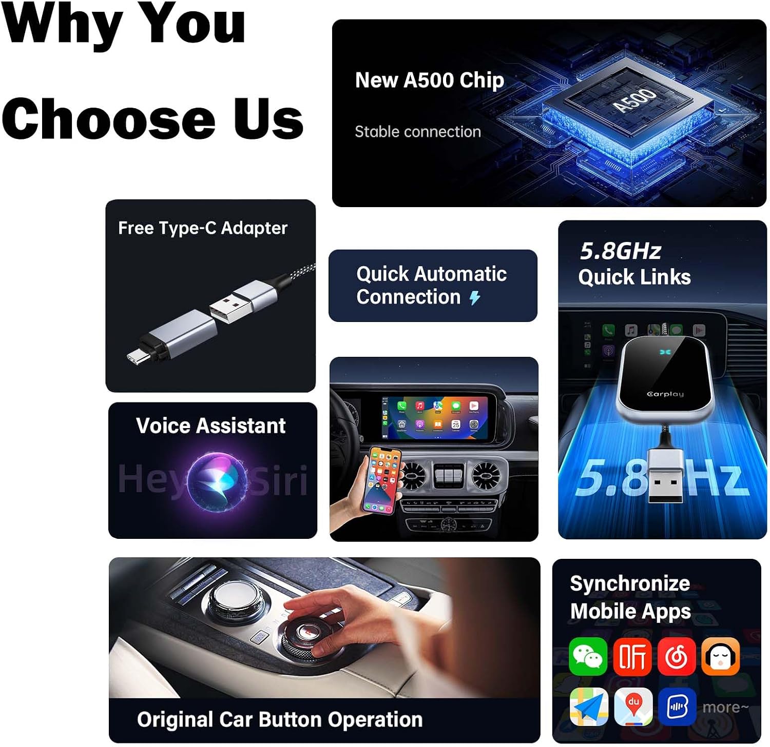 Wireless CarPlay & Android Auto Adapter,2024 Upgraded Universal Fits OEM Wired CarPlay/Android Auto Car.for Cars from 2015,for Apple iPhone iOS 10+/Android 11+ Plug & Play Bluetooth Type C/USB