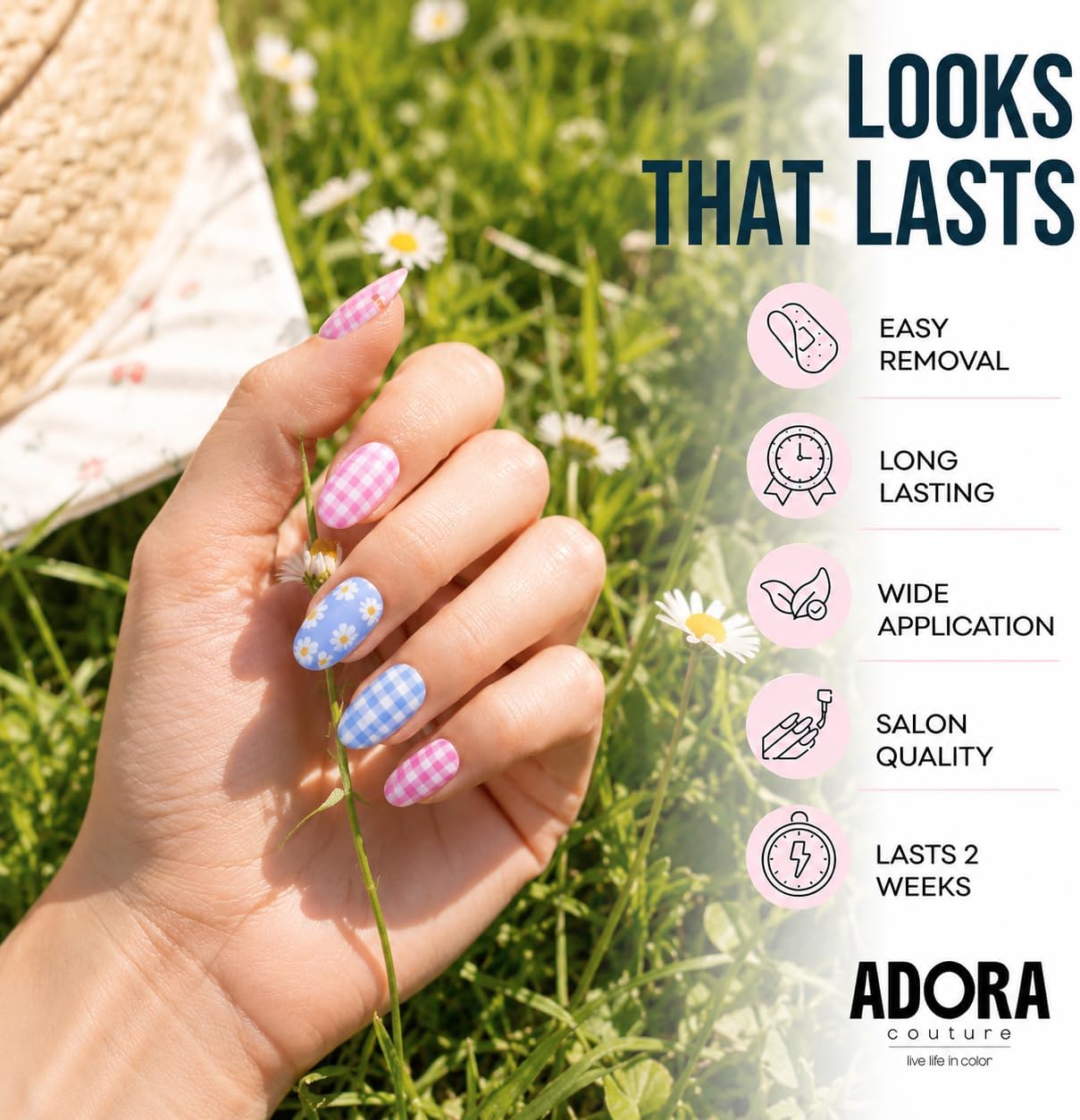 Adora Couture Semi Cured Gel Nail Strips with 20 Pieces - UV Gel Stickers, Manicure Kit, Easy Application Wraps Includes Prep Pads, Nail File, Wooden Stick - UV Light Required (Daisy Picnic)