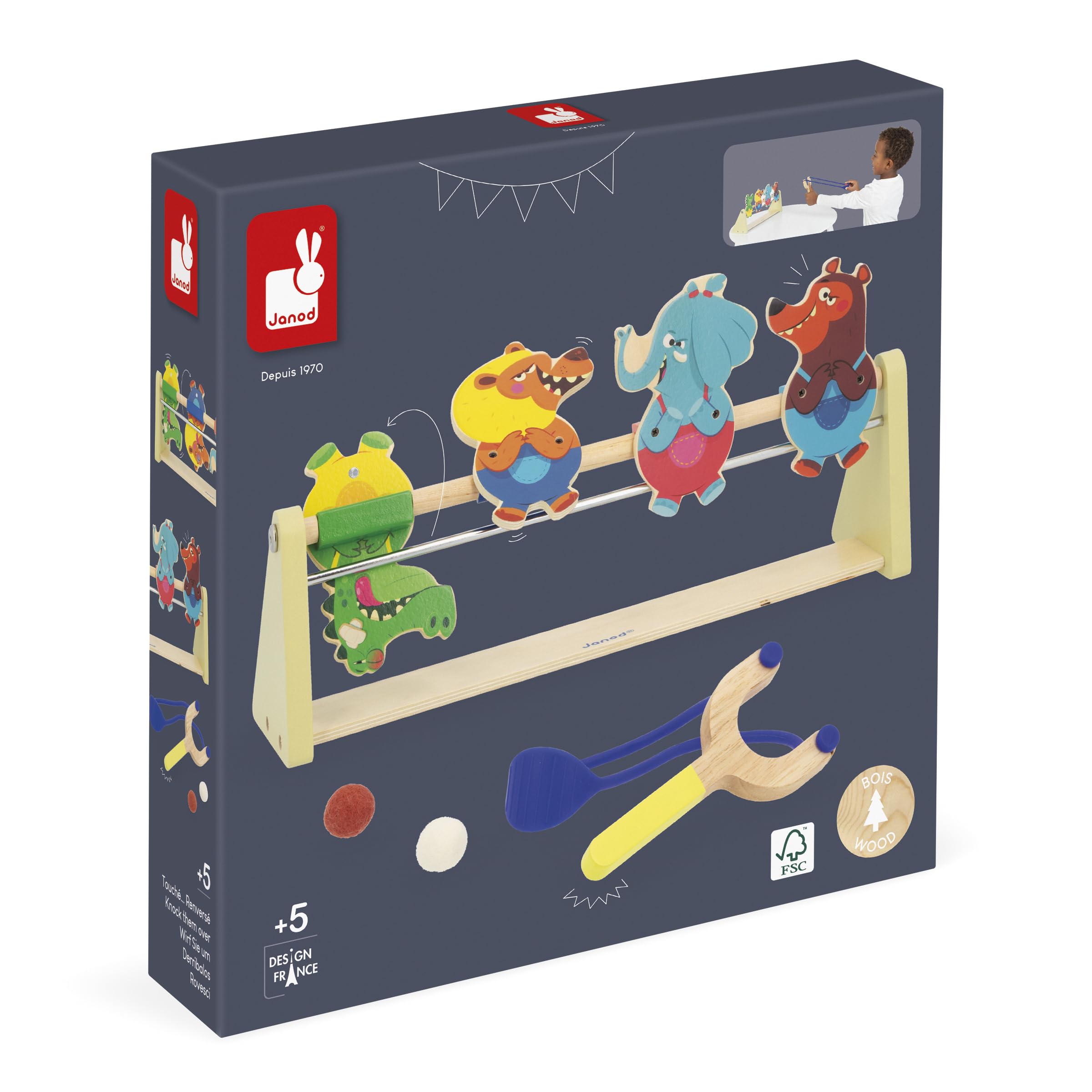 Janod Tiro a Segno in Legno per Bambini, Gioco con Bersaglio, 4 Personaggi, 1 Lanciatore, 2 Palline in Feltro, Sviluppa precisione e concentrazione, Giocattolo in Legno, da 5 Anni, J03372