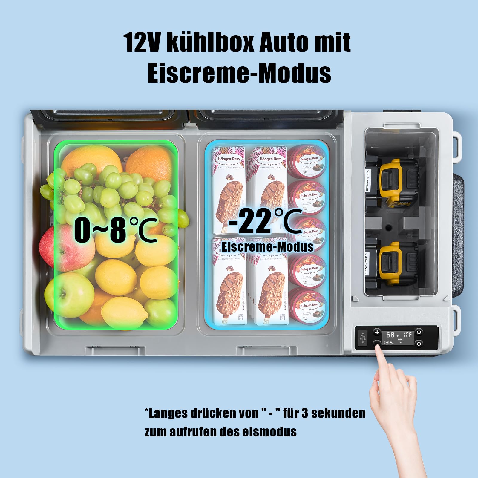 AAOBOSI 55L Kompressor Kühlbox – 12V/230V Kühlbox Elektrisch Dual Zone mit Rädern & Griff, IPX4 Wasserdicht, APP Steuerung, -20°C bis 20°C – Ideal für Auto, Camping, Boot, Wohnmobil, Angeln Outdoor