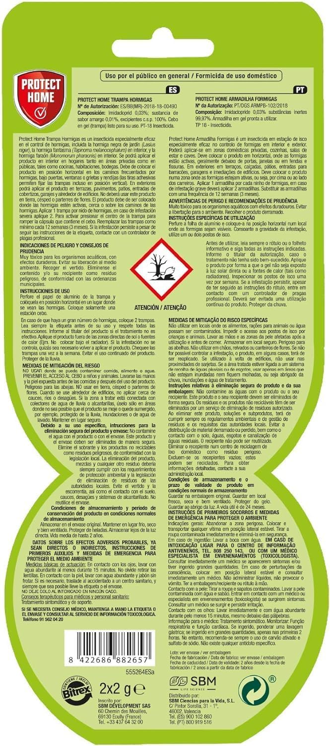 Protect Home Cebo para Hormigas en Gel, antihormigas para Uso Interior y Exterior, 2 trampas (Pack de 3), Azul, Talla Única