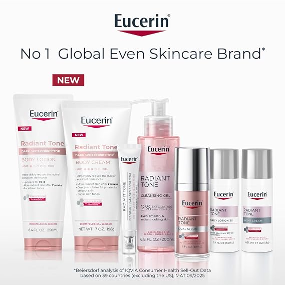 Eucerin Radiant Tone Dark Spot Corrector Body Lotion, Thiamidol Enriched, Exclusive Formula Reduces Dark Spots Due to Sunlight Exposure and Aging, 72 Hours of Hydration, 8.4 FL OZ Tube