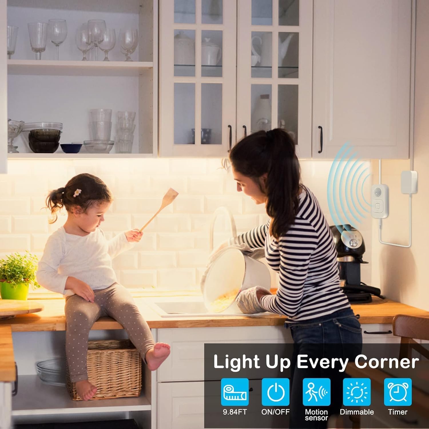 Motion Sensor Lights Indoor Plug-in LED Step Lights Strip with Power Timer Dimmer Multi-Functional Controller for Stairway Kitchen Cabinet Bedroom Corridor Washroom Counter Shelf Showcase