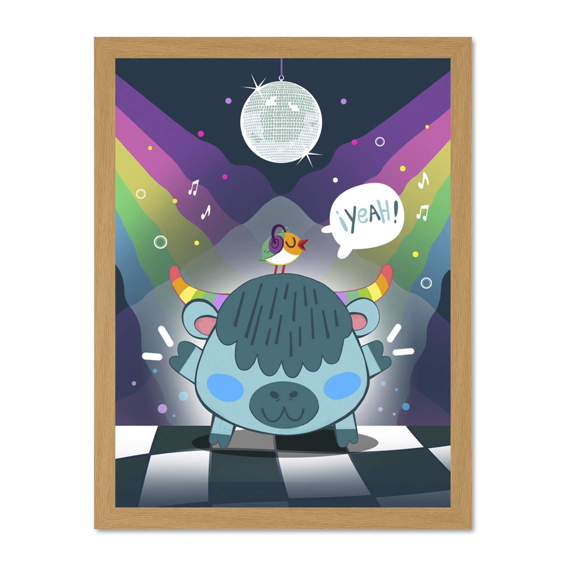 Wee Blue Coo Kawaii Cow Disco Party Large Framed Art Print Wall Poster 18x24 inch
