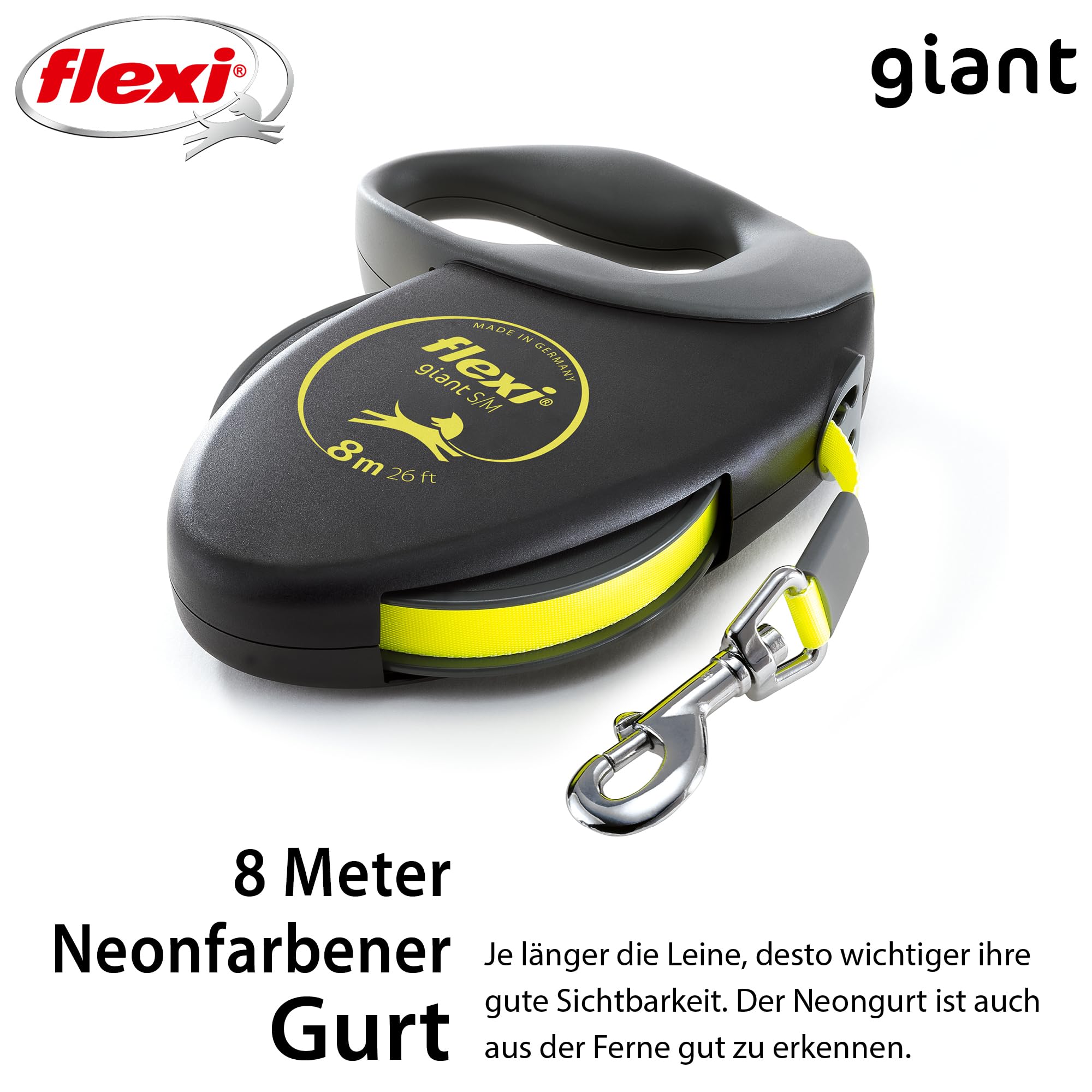 flexi® Giant S/M | 8m Gurt Roll-Leine für Hunde bis 25 kg | schwarz/neon-gelb | ausziehbare Hundeleine | Gewicht 438.4 gr | Maße 15.3 x 19.2 cm