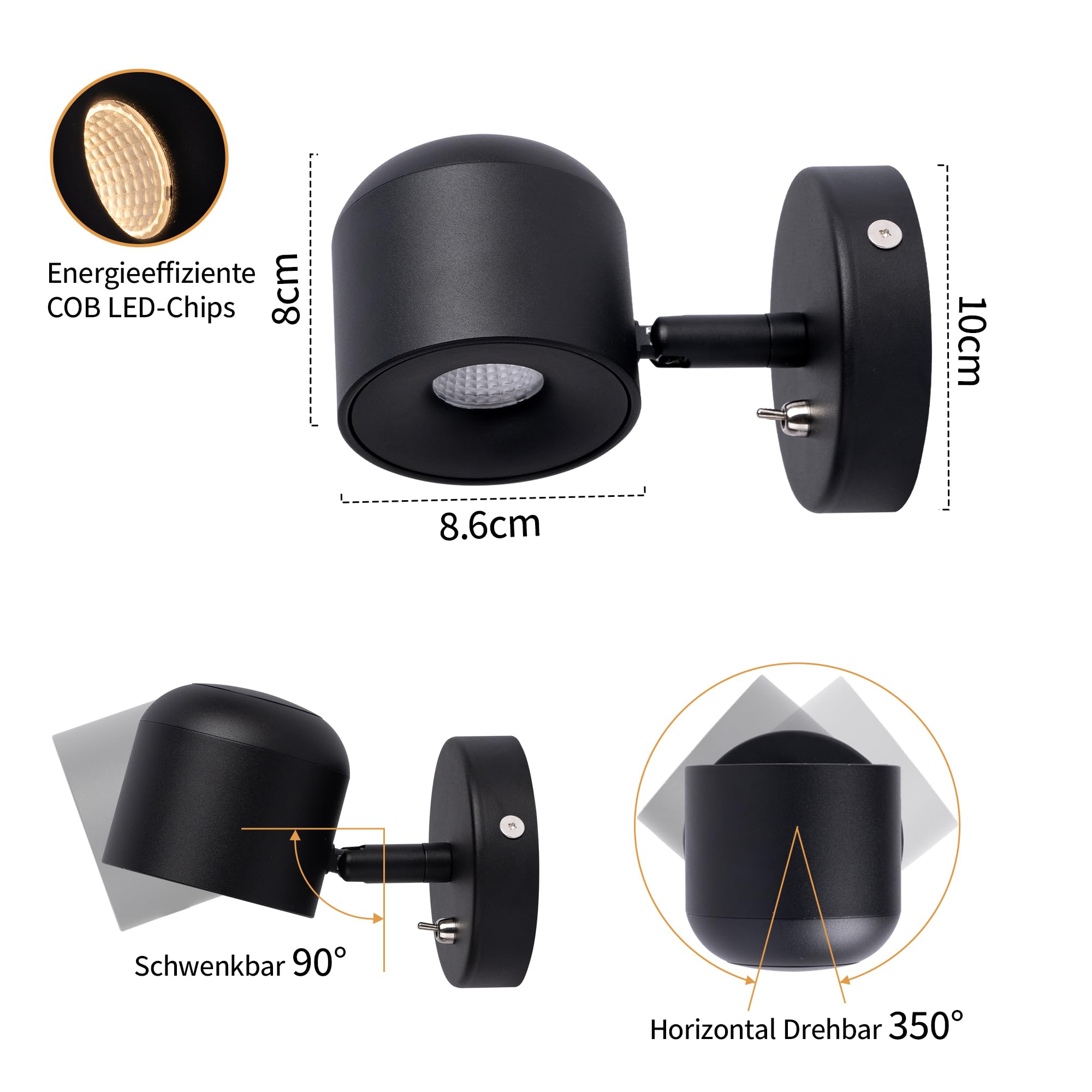 Aisilan LED Wandlampe Innen mit Schalter, Schwenkbar 350°/90° Wandleuchte Schwarz aus Aluminium, 3000K Warmweiß 7W, COB LED CRI97 ohne Flimmern, Wandstrahler für Schlafzimmer Flur