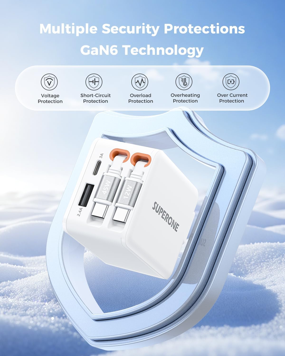 SUPERONE 4-in-1 Retractable USB C Charger Block for iPhone 17, 45W Fast Wall Charger Block with Dual USB C Cable, Charger for iPhone 17/16/15, iPad, Galaxy, 4-Port Chargers for Home Office Travel