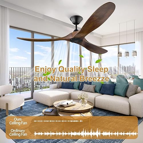 Miniatura 4 de Ventilador de techo negro sin luz, 52 pulgadas, moderno, para interiores y exteriores, 3 aspas, a prueba de humedad, ventilador de techo de madera