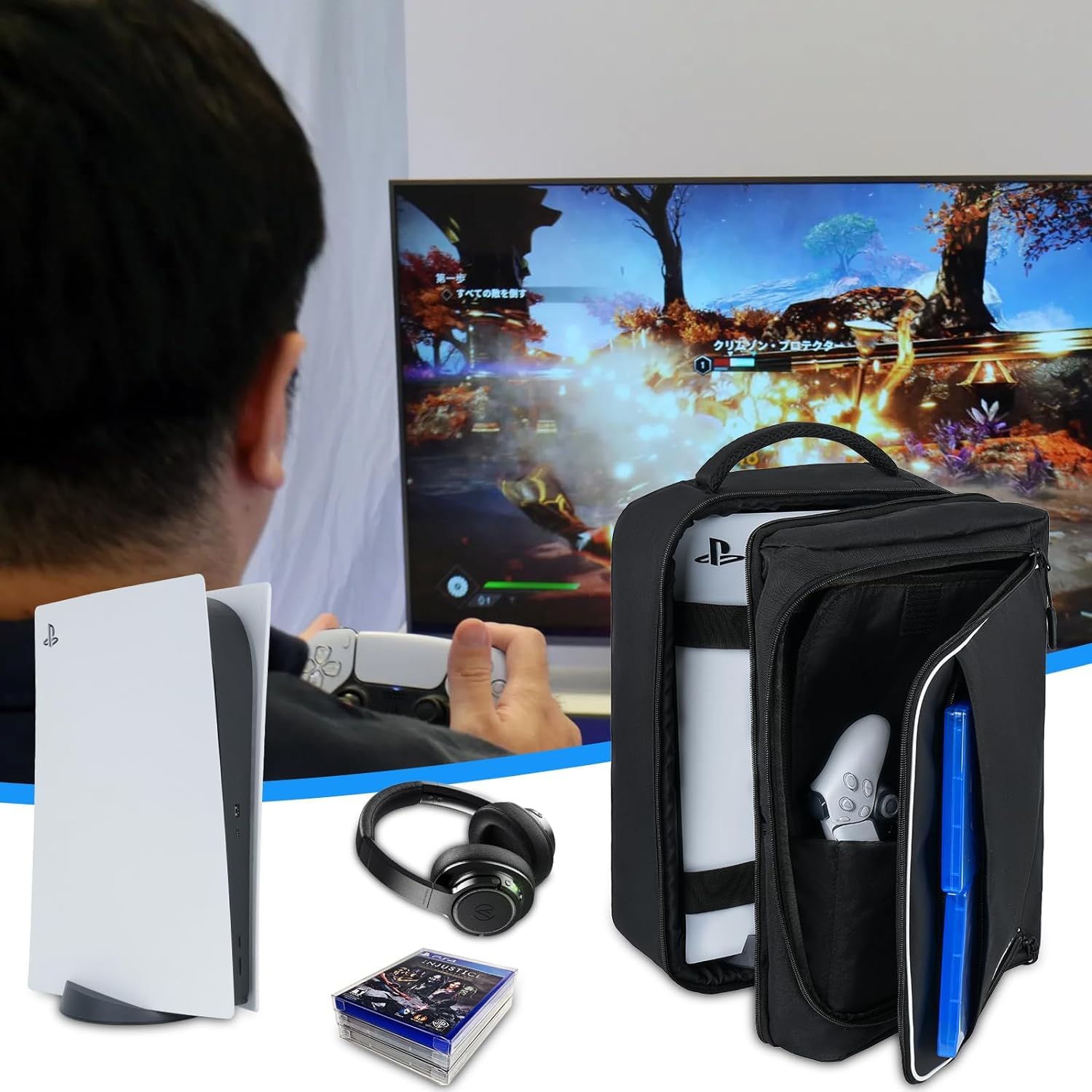 PS5 Rucksack,PlayStation 5 Tasche,Große Reise Tragbar Tasche Aufbewahrung Kompatibel mit PlayStation 5 Konsole,PS5 Disk,Laptop,Headset,Ladegerät und Zubehör,Konsolentasche für PS5 Controller