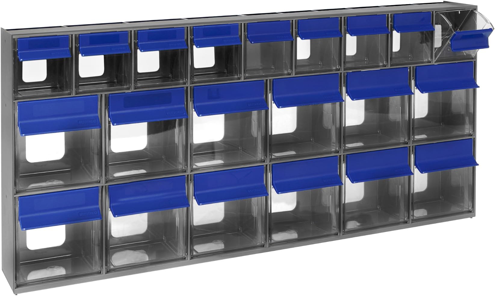 QTB669 Tip Out Bin Storage System with 21 Clear Cup Containers, 3-5/8" x 23-5/8" x 11-1/6", Gray