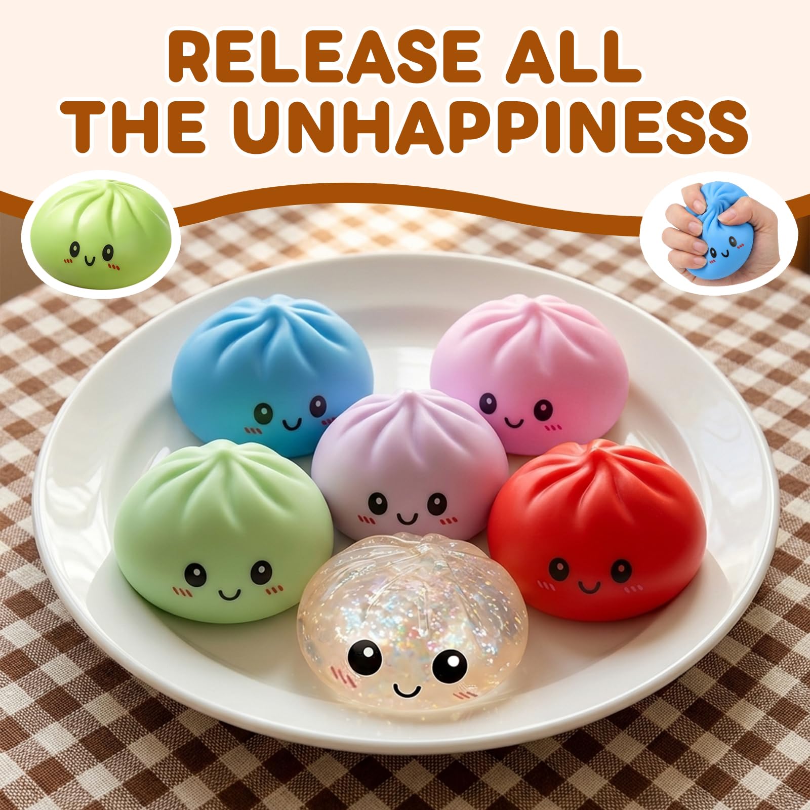 Dumpling Squishies Toy, Giant Glitter Dumpling, Colorful Steamed Bun Stress Balls Fidget Sensory Toy,Squeeze Dough Ball Stress Relief Hand Toys with Food Steamer Stretchy Desk Toys (Blue) — view 3