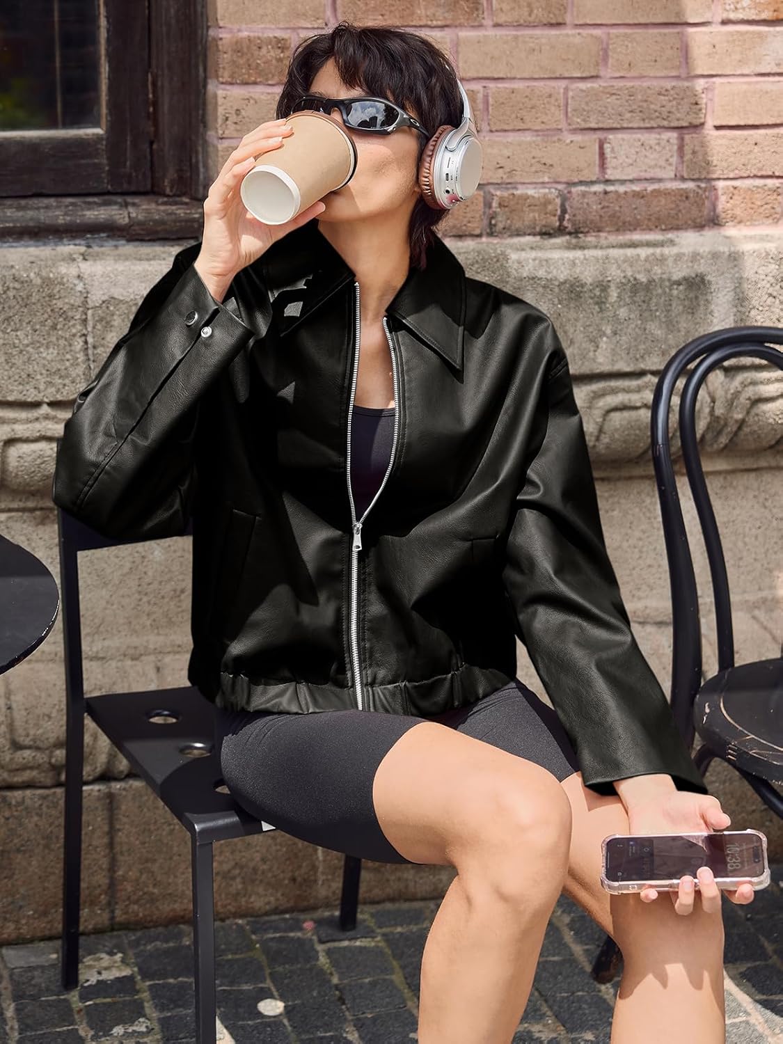 Cicy Bell Womens Faux Leather Bomber Jackets Cropped Motorcycle Casual Coats Fall Trendy Zip Up Outerwear - Image 4