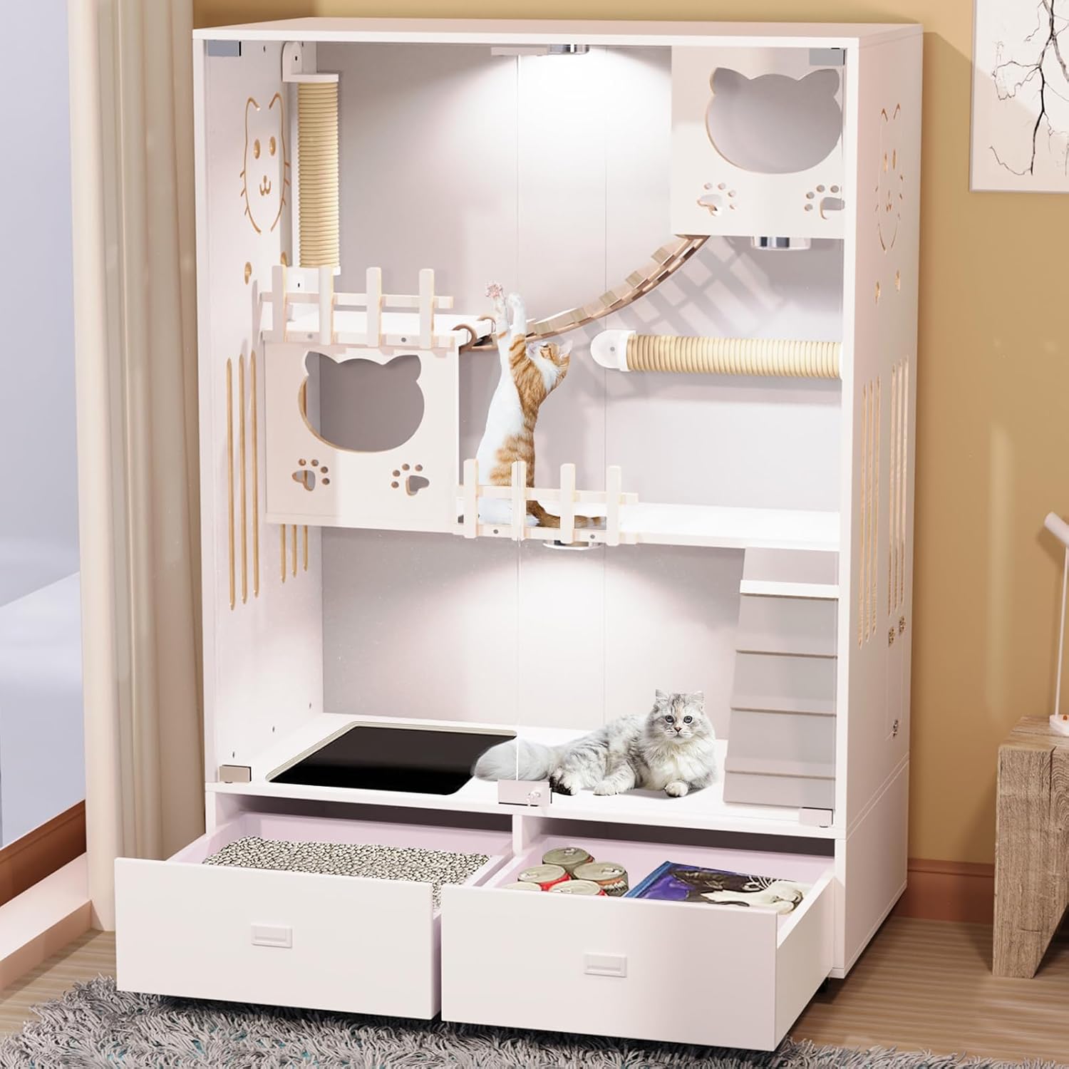 Enclosed Cat Condo,Large Cat Enclosures Indoor Wooden Cat House, Multi-Feature Cat Cage with Litter Box Drawer and Wheels, Luxury Villa for Cats Ventilation Glass Doors, 57" X 36" X 24", White