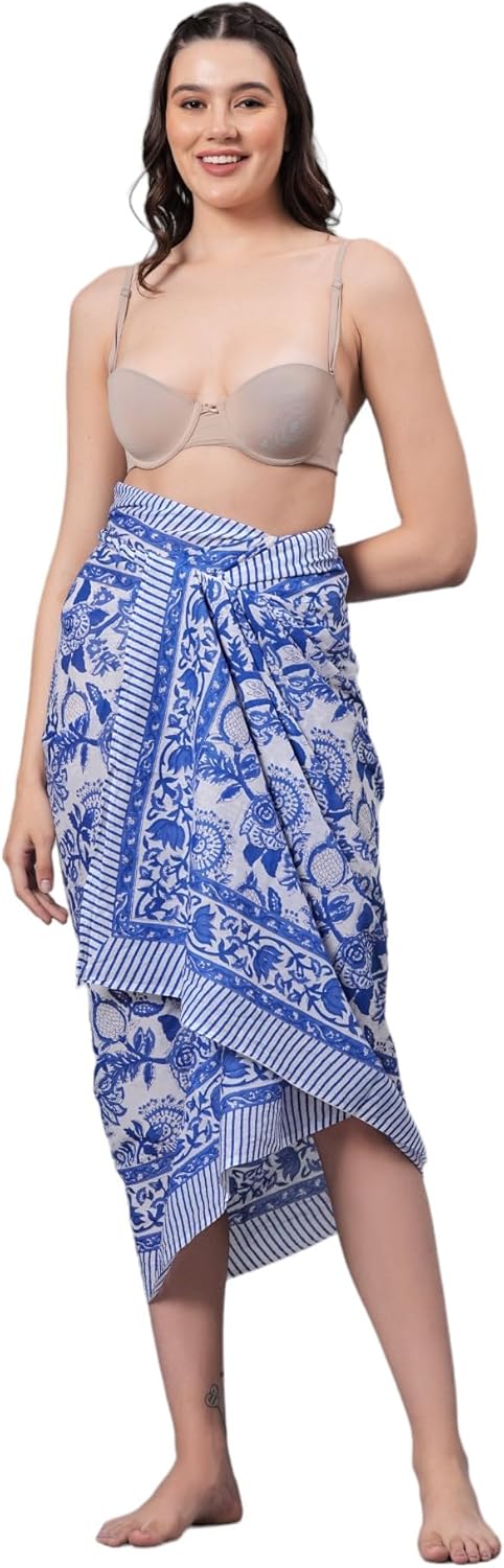100% Cotton Hand Block Print Sarong Womens Swimsuit Wrap Cover Up Long - Image 3