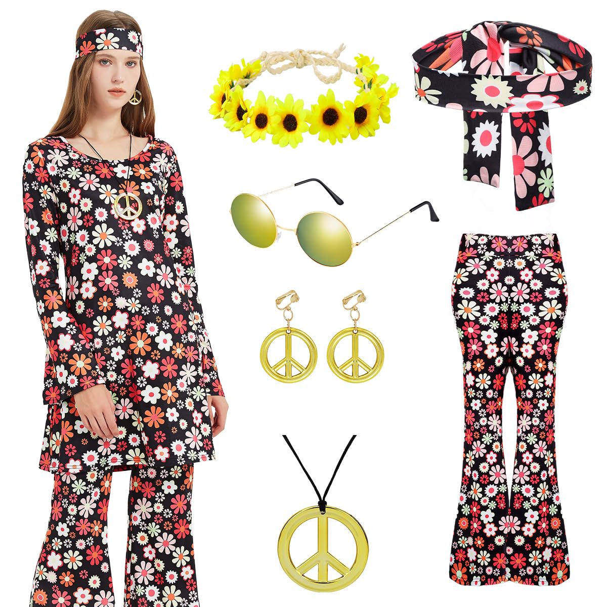 7-teiliges Hippie Kostüm Set Damen – 70er Jahre Outfit Mit Kleid, Schlaghose & Accessoires
