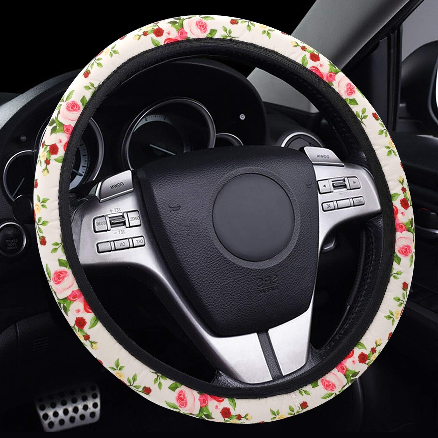 NICEASY 14.5-15 inch White Soft Cloth Steering Wheel Cover, with Rose, for Women,Girls